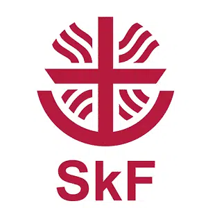 a red logo with a cross and lines